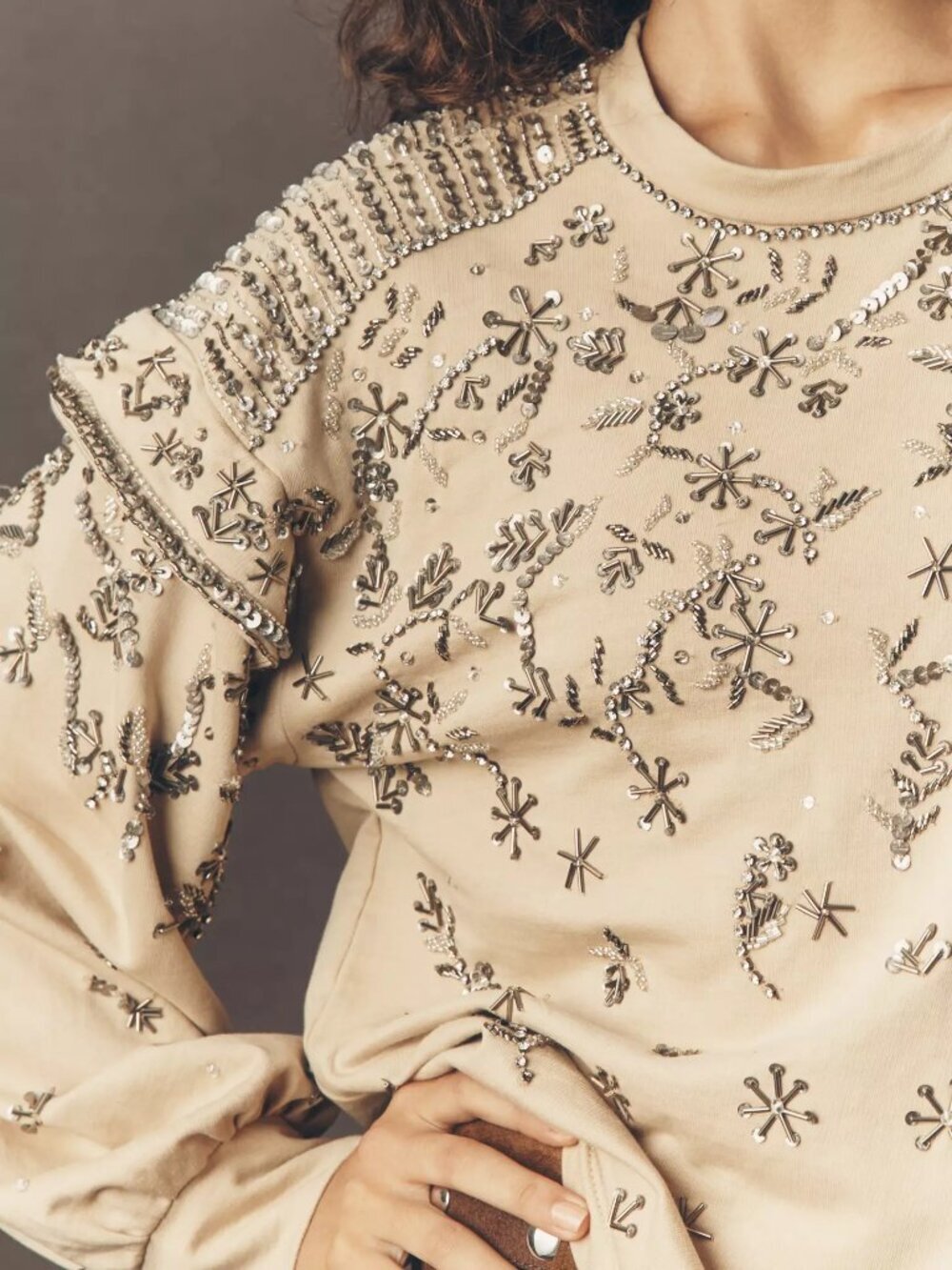 Anthropologie PILCRO Beige Beaded Sequin 100% Cotton Terry Sweatshirt, Size M - Picture 4 of 16